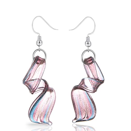 Besheek EAR1049 Handmade Murano Inspired Gorgeous Artist Made Pink Purple Blue Twist Glass Dangle Earrings cover