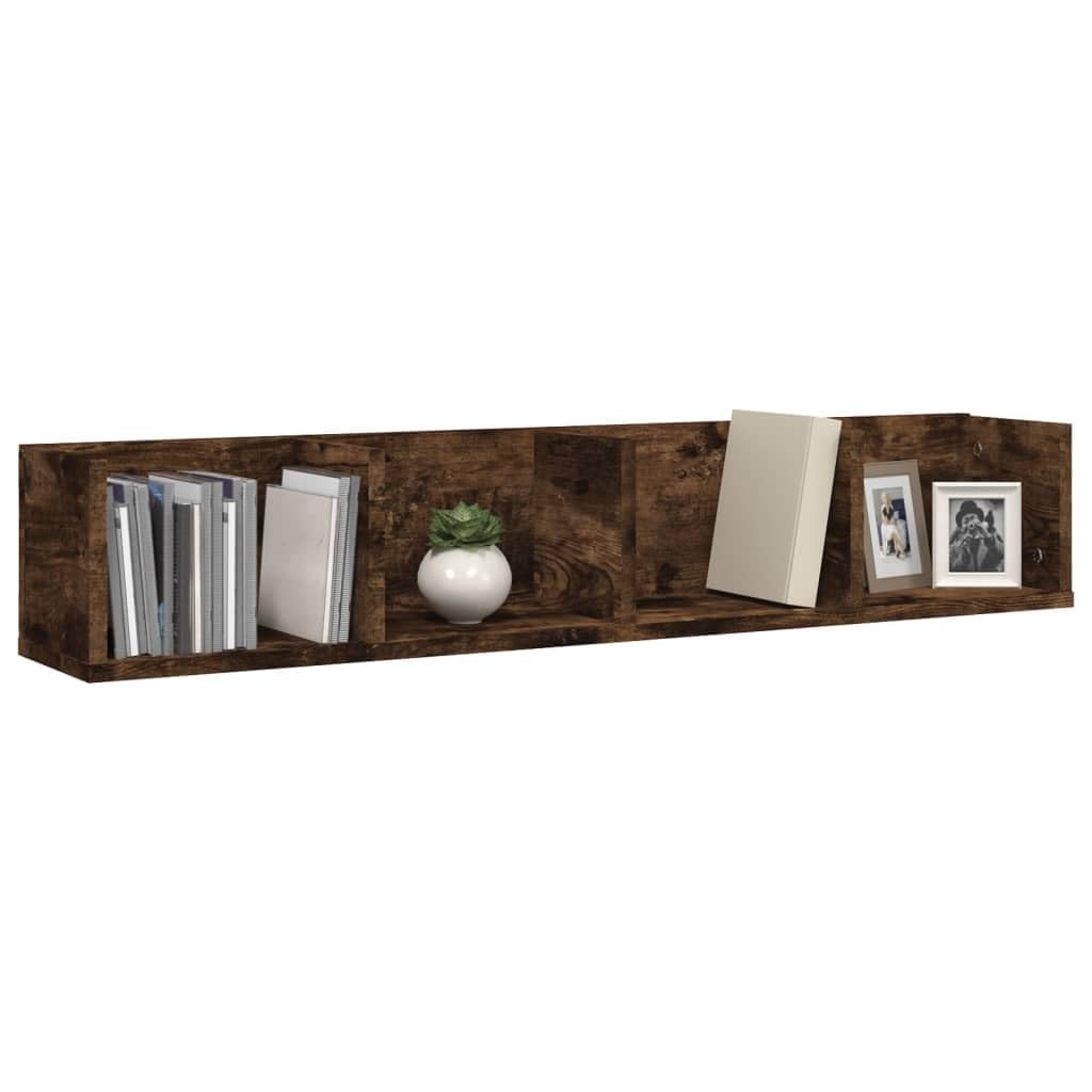 Mensola Parete Porta CD 100x18x18cm Legno Multistrato Rovere Fumo | Mobiletto pensile con 4 scomparti per esporre libri, console e decoder in soggiorno o in camera da letto.