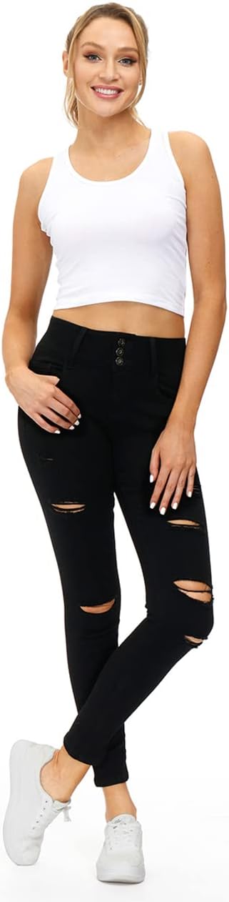 Women's High Waisted Butt Lift Stretch Ripped Skinny Jeans Juniors Distressed Button Down Jeans - Image 4