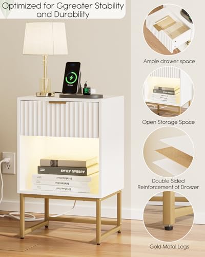 Image of Masupu Fluted Nightstand with Charging Station and LED Lights,Modern Night Stand Wood Bedside Table with Storage Drawer Side End Table for Bedroom, Office,White