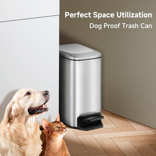 Image of TIPGO Small Bathroom Trash Can with Lid, 1.6 Gal, Soft Close, Silver