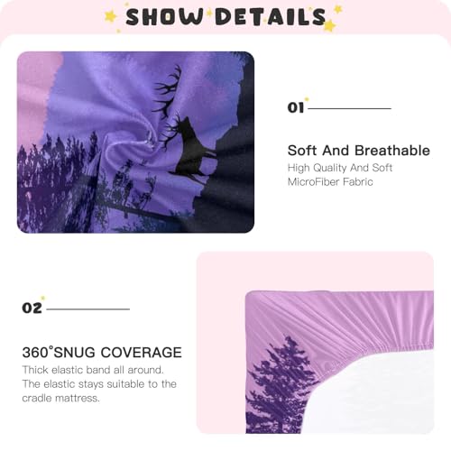 Image of Crib Sheet Breathable Soft Crib Mattress Sheet for Baby Toddler Boys Girls Fitted Crib Sheet Fit Standard Crib Mattress 52 x 28 Inch Purple Stag Forest Trees
