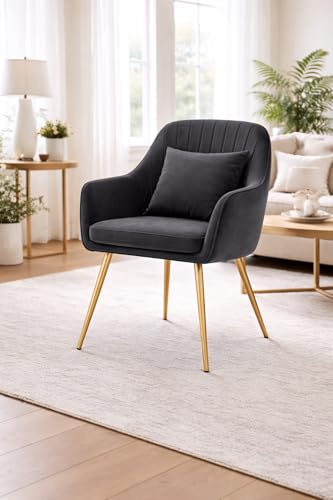 Image of Velvet Chair for Home | Modern Accent Armchair in Soft Velvet Fabric with Golden Legs | Set of 2 Premium Accent Chair for Living Room Bedroom Restaurent | (Dark Grey 1pc, Standard)