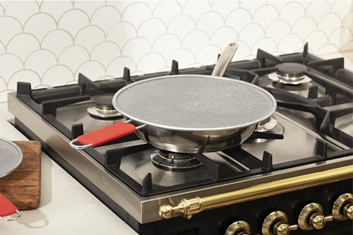 Image of Splatter Guard for Frying Pan & Food Strainer and Universal Cookware 13 inch - Stops Hot Oil Splash - RED Handle - Splatter Screen for Cooking - Alpha Living