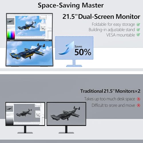Image of 21.5 inch 120Hz Dual Portable Monitor 120% sRGB 1080P HDR Extender Folding Stacked Display for Windows Work Gaming Office Triple Screens W /Stand & VESA for Laptop PC（No Driver (215)