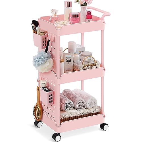 Urackify 3 Tier Rolling Storage Cart - Pink Rolling Organizer Craft Cart & Utility Cart on Wheels with Pegboard Hanging Bins & Hooks - Ideal Storage Cart for Baby Nursery, Dorm, Kitchen, Bathroom