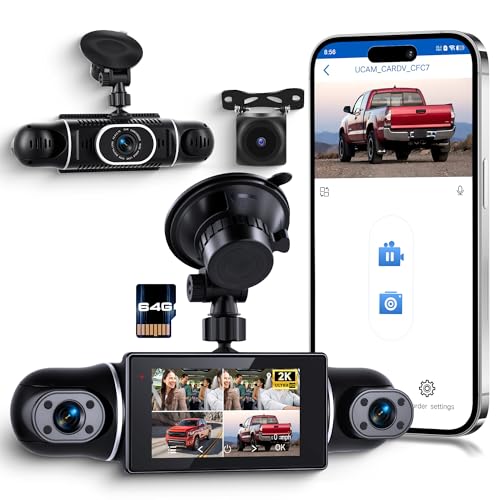 Rimoody Dash CAM 2K 4 Cámaras, WiFi App Viidure, Coche Grabadora 360° con Visión Nocturna, G-Sensor, Asistente de Marcha Atrás, Pantalla 3 Pulgadas para Coche 64 GB Tarjeta