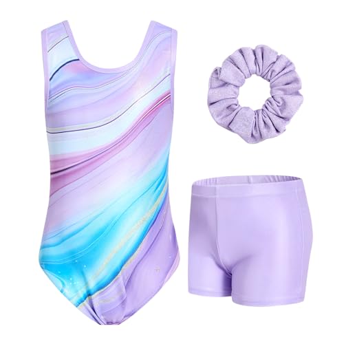 JiAmy - Ensemble de justaucorps de gymnastique pour filles avec shorts, 3 pièces, tenue athlétique pour enfants, vêtements de danse de ballet sans manches pour enfants de 3 à 12 ans, 9-10 ans