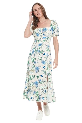 bestmobilephonecases Petite Damenkleid aus Leinen, Viskose, quadratischer Ausschnitt, Puffärmel, Empire-Taille, Midi-Länge, Seitenschlitz, Sommerkleid, Blumenmuster, Creme/Denimblau,