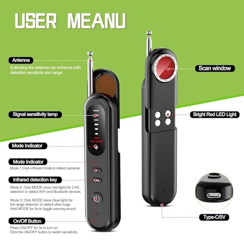 Image of FIRAWER Anti Spy RF Signal Detector | Wireless GPS Tracker Finder, Hidden Camera Bug Scanner with Magnetic Field Detection, Laser Detection & Signal Alarm | Portable Privacy Protection Device - 1Pcs