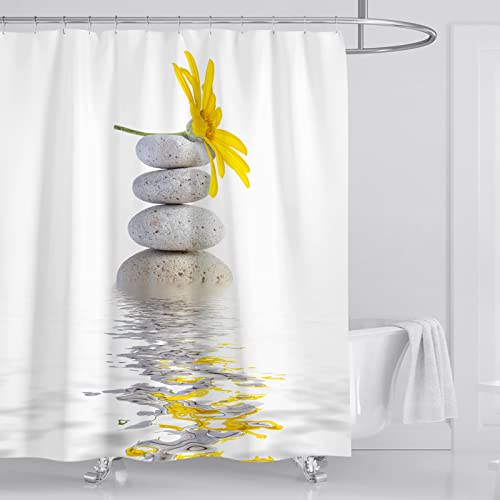 OCEUMACO Cortina Ducha Antimoho Diseño Zen SPA Cortinas de Baño Lavables 180x180 Tela Impermeable 3D Flores Piedras Cortina de Ducha Poliéster con 12 Anillas - Blanca Cover
