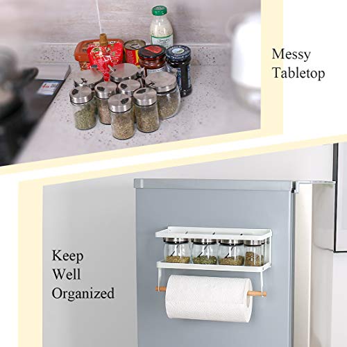 Haturi Fridge Spice Rack, Magnetic Storage Shelf with Paper Towel Holder Single Tier Kitchen Refrigerator Organizer Rack (Small,White)