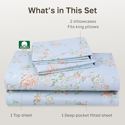 Image of California Design Den Soft Cotton Bed Sheets Cal King Size Set, 400 TC Good Housekeeping Award Winner, Smooth Sateen Finish with Deep Pockets, Cozy and Durable Cotton Bedding Set - Floral Blue /Pink
