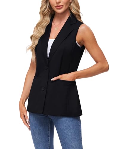 MINTLIMIT Sleeveless Vest Blazer for Women Casual Open Front Cardigan Vest Office Lapel Button Long Blazers with Pockets3