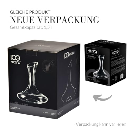 KROSNO Avant-Garde Weindekanter 1500 ml – Handgefertigte Karaffe aus bleifreiem Kristallglas, Dekanter für Rotwein, Belüftung & Servieren, Elegant, Made in Europe