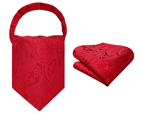 Image of HISDERN Ascot Ties for Men Paisley Floral Ascot and Pocket Square Set Classic Self Tie Mens Cravat Handkerchief for Wedding