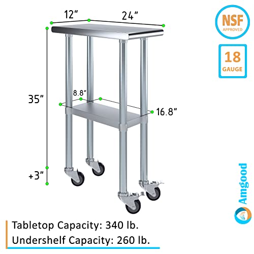 Image of AmGood 12 inch Long x 24 inch Deep Stainless Steel Table with Casters