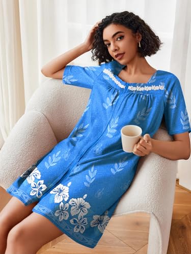 Image of Ekouaer Women Zipper Robe Short Sleeves House Coat Zipper Front Bathrobe Sleepwear with Pockets Housecoat Nightgown