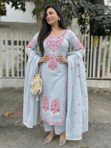 Image of GoSriKi Kurta Sets for Women Viscose Embroidered | Kurta Pant Dupatta Set | Straight Kurti Set for Women | Round Neck 3 /4 Sleeve Ethnic Suit | Designer Indian Kurti Outfit with Pants