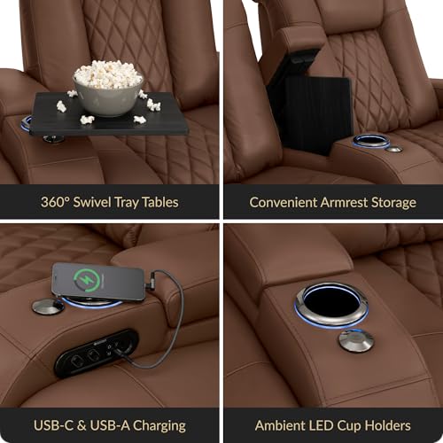 Image of Seatcraft Diamante Tobacco Italian Leather Home Theater Seating, Zero Gravity Power Recliner Gaming and Home Office Chair, Powered Headrest Lounge Sofa Furniture for Cinema Room, Row of 2 Loveseats