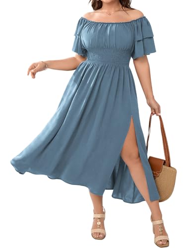 Image of Plus Size Maxi Dress Off The Shoulder Ruffle Smocked Wedding Guest Cocktail Slit Hem Flowy Dresses for Curvy Women