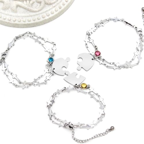 Image of 3 Heart-shaped Jigsaw Family Friendship Bracelets - Double Stainless Steel Cross Chain Birth Stone Charm Layered Heart Bracelets for Female Friendship Personalized Custom Jewelry