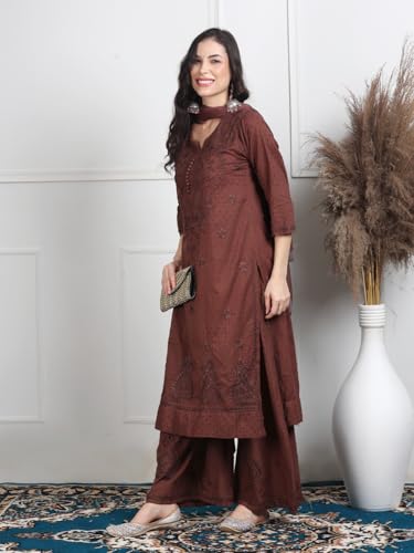 Image of Women's Lucknowi Chikankari Handwork Cotton Kurti, Palazzo and Dupatta Set