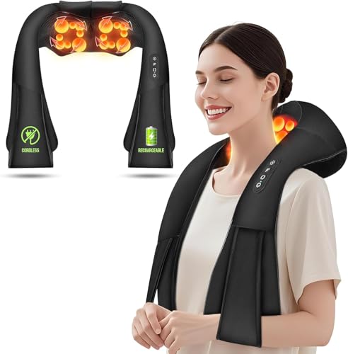 AERLANG Cordless Shiatsu Neck Massager Back and Shoulder Massager with Heat Deep Tissue 4D Kneading Back Massage for Neck Back & Shoulder Relaxation Home Office Car Use Black
