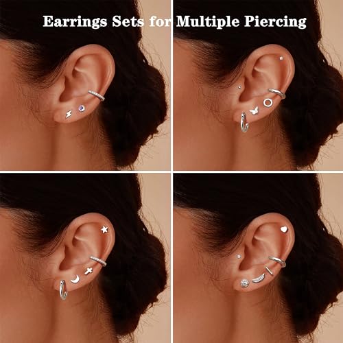 FASACCO 21Pairs Stainless Steel Earrings Silver Stud Hoop Earrings Sets for Multiple Piercing Small Tiny Studs Huggie Hoops4