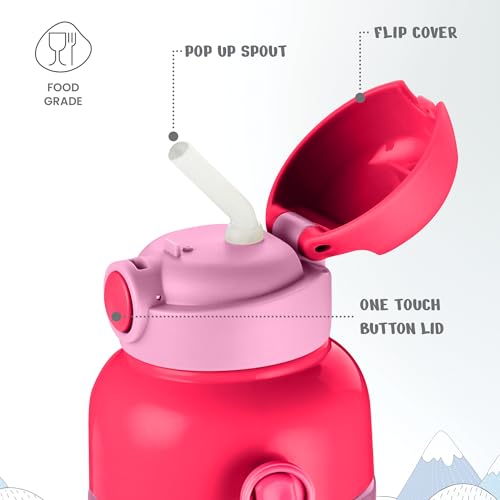 Image of Milton Steel Indus 600 Thermoware PU Insulated, 500 ml Water Bottle with Straw for Kids, Leak Proof Flip Top Sipper Lid Bottle, School, Picnic, Easy to Carry Belt, Pink