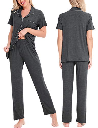 Image of SWOMOG Women Pajama Sets Two-Piece Nightwear Short Sleeve Sleepwear Button Down Pj Lounge Sets with Long Pants