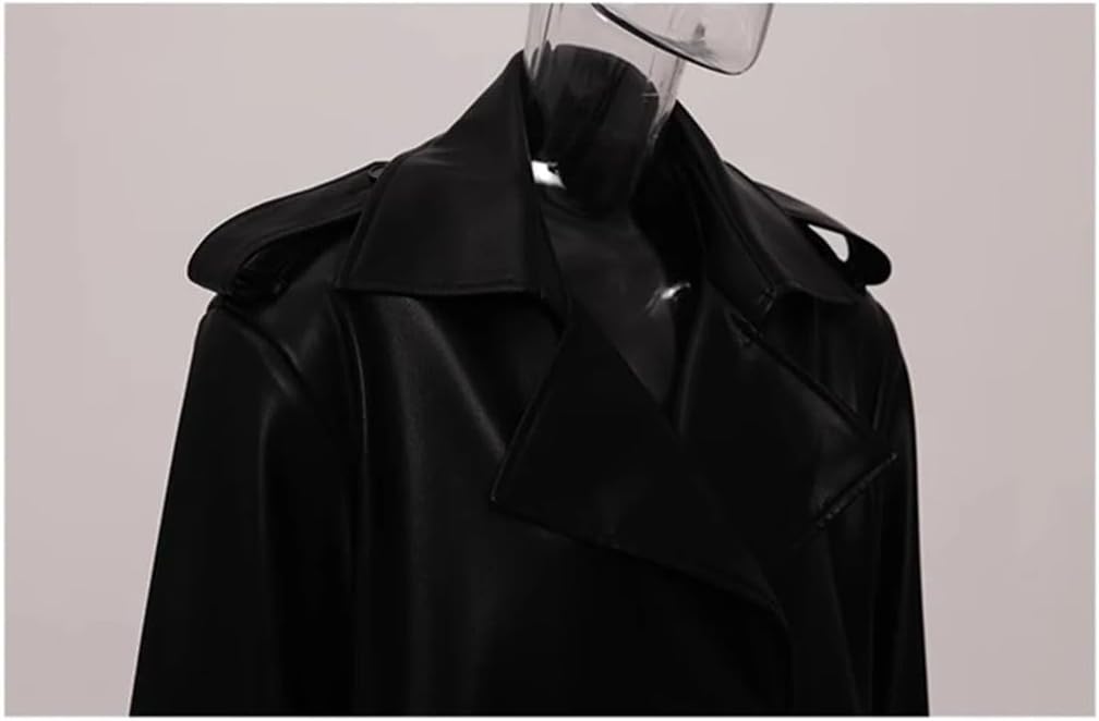 Women Long Soft Leather Trench Coat For Women Double Breasted Loose Casual Windbreaker