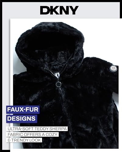 DKNY Girls' Winter Jacket - Full Zip Up Faux Fur Sherpa Girl's Bomber Jacket - Warm Hooded Teddy Coat for Girls (7-16)4