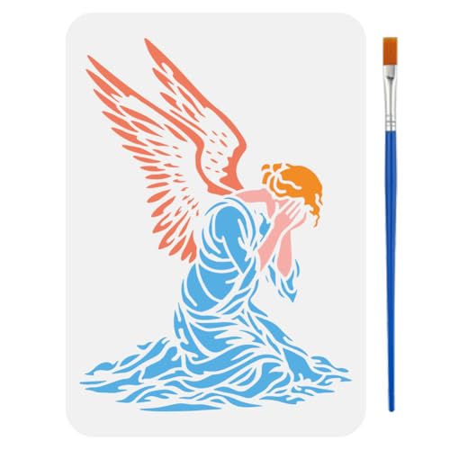 FINGERINSPIRE Weeping Angels Painting Stencil with Paintbrush 11.7x8.3 inch Praying Angel Silhouette Stencil Reusable DIY Craft Stencils for Painting on Wood, Wall, Canvas, Fabric and Furniture