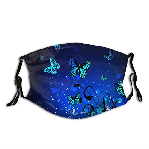 Bright Blue Butterfly With Flowers Face Mask With Filter Pocket Washable Face Bandanas Balaclava Reusable Fabric Mask For Men Women