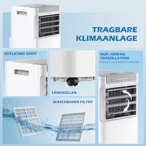 Oyajia Mobile Klimaanlage, 3- In- 1 Mobil Klimaanlage Mit Abluftschlauch Und Timer, Mobiles Klimagerät Für Zuhause, Wohnung, Leise Portable Air Conditioner 2050W 7000BTU R290-7