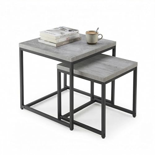 CENSI Nesting End Tables Set of 2, 20" Industrial Concrete Grey Side Table, Square Stacking Coffee Table with Thick Faux Stone Top, Modern Metal Nightstand for Living Room, Small Space, Bedroom
