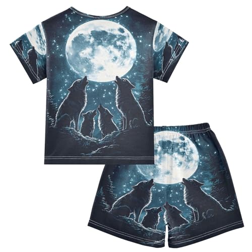 ALAZA Howling Wolf Moon Starry Dark Pajamas Set Short Sleeve Cotton Sleepwear Summer Pjs 2 Piece 5-14Y2