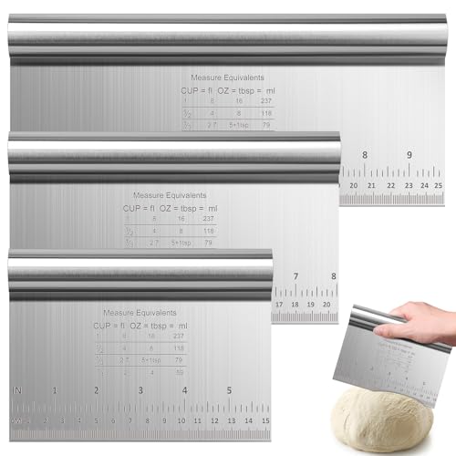 Samamoca 3 espátulas de masa de acero inoxidable, espátula de masa con escala de medición, tarjeta de masa antiadherente de acero inoxidable, cortador de masa de 15/20/25 cm, utensilios de repostería
