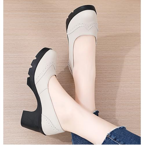 Women's Genuine Leather Brogue Wing Tip Chunky Block Heel Pumps Retro Round Toe Platform Lug Sole Non-Slip Comfortable Slip-On Office Dress Shoes for Walking Commuting Daily3