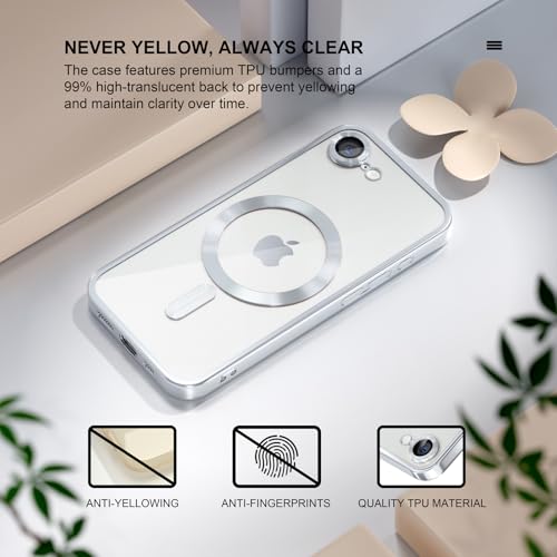 Image of Misea Magnetic for iPhone 17e / 16e Case Compatible with MagSafe Silver | [Never Yellowing] [Military Drop Protection] Full Camera Lens Protector Plating Soft Clear Phone Case for Women, Silver