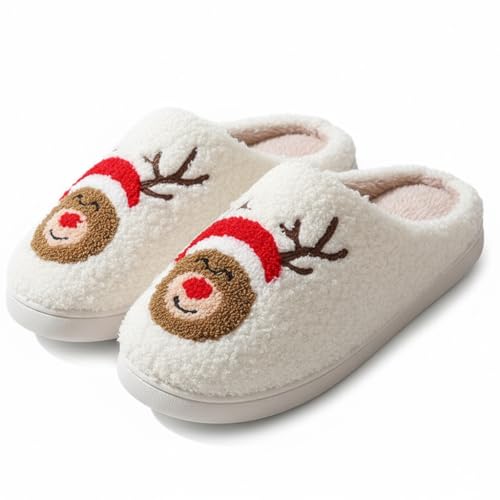 Image of Christmas Slippers Winter Warm Plush Pattern Slippers Soft Non-Slip Indoor House Shoes for Men Women