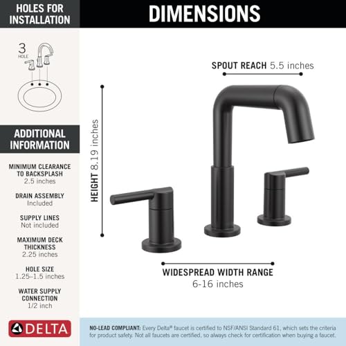 Image of Delta Nicoli Matte Black Bathroom Faucet with Sprayer, 8 Inch 3 Hole Widespread Bathroom Sink Faucet with Pull Out Sprayer, Push-Pop Drain, Matte Black 35849LF-BLPD.