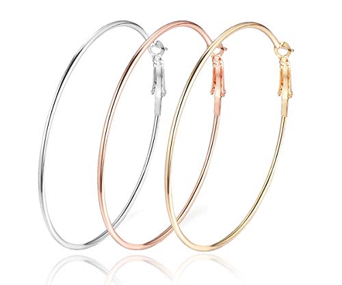 3 Pairs Big Hoop Earrings,70mm Stainless Steel Hoop Earrings in Gold Plated Rose Gold Plated Silver Colors for Women Girls