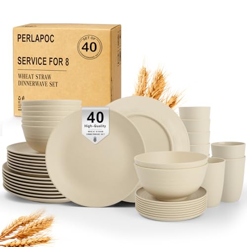Image of Dinnerware Sets 40 PCS Wheat Straw Plates and Bowls Sets With Cups Service for 8 Microwave Safe Dishes for Kitchen Lightweight Dish Set for RV Outdoor Activities Travel - Beige Colors