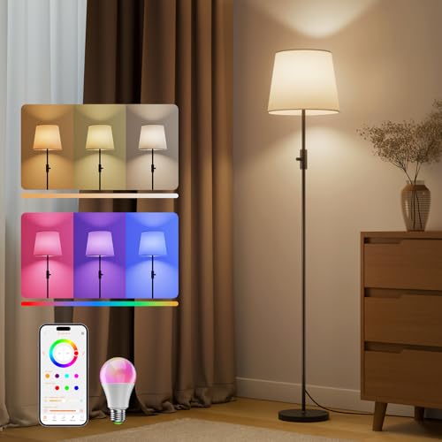 VARICART Smart Floor Lamp with RGBCW Color Change Bulb, Compatible with Alexa, Siri, Google Voice & App Control, Standing Lamp with Linen Shade, Tall Lamp for Living Room, Bedroom, Office,Black