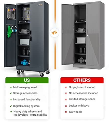 Metaltiger Metal Storage Cabinet With Wheels - Garage Storage Closet With Locking Doors, Digital Lock, Adjustable Shelf Height, Additional Leg Levelers Included, Pegboard And Accessories (Dark Gray) #TOP3