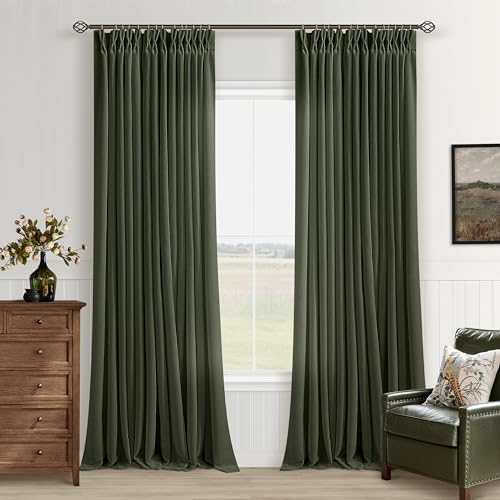 Image of Dark Green Pinch Pleated Semi Sheer Linen Curtains 90 Inch Long for Bedroom | Hunter Green, Light Filtering Privacy, Living Room Classroom, Faux Textured, Hook Rings Memory Shape, Elegant Luxury, Drapes