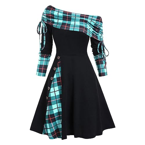 Winterkleid Damen Langarm Warm Lang | Rockabilly Kleid Damen Große Größen Schulterfreies A-Linie Kleid Kariertes Herbstkleid 3/4-Arm Pulloverkleid...