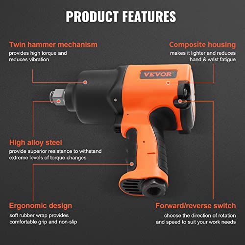 VEVOR Air Impact Wrench, 3/4-Inch Drive Air Impact Gun, Up to 1870ft-lbs Nut-busting Torque, Composite Pneumatic Impact Wrench for Auto Repairs and Maintenance Heavy Duty by VEVOR - Image 5